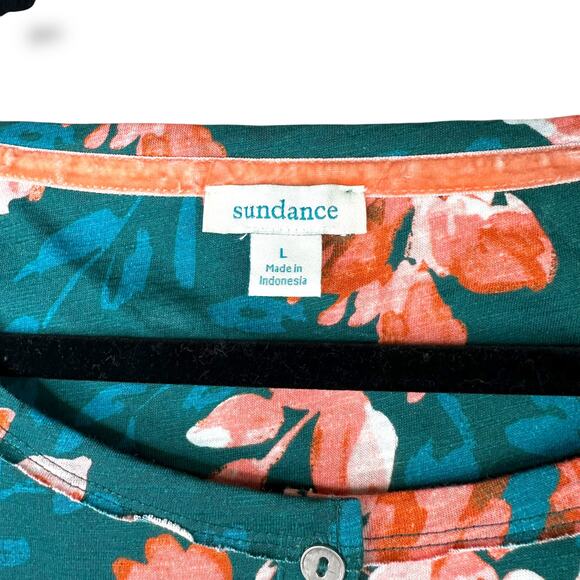 Sundance Rosey Delights Green Peachy Floral Cotton Henley Long Sleeve Top Large - Picture 7 of 8